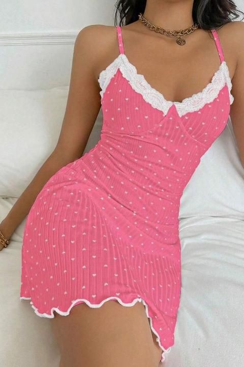 Dantel Detaylı Leopar Askılı Kısa Gecelik Ruselin 5069 - Pembe