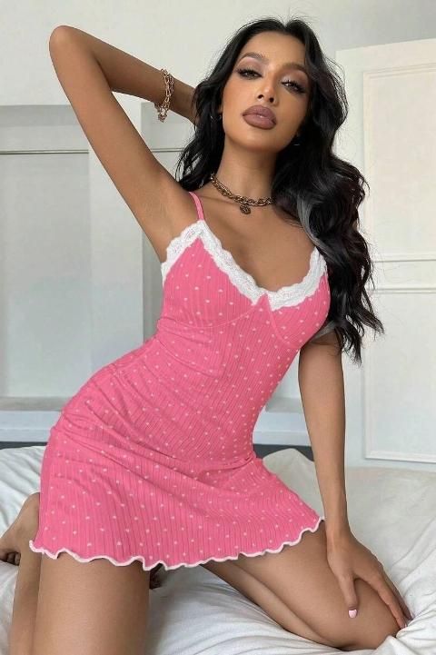 Dantel Detaylı Leopar Askılı Kısa Gecelik Ruselin 5069 - Pembe