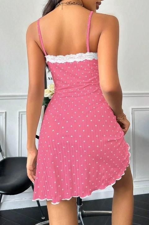 Dantel Detaylı Leopar Askılı Kısa Gecelik Ruselin 5069 - Pembe