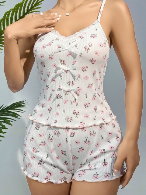 Dantelli İnce Askılı Şort Pijama Takımı Lily Bianca 13105 - Ekru