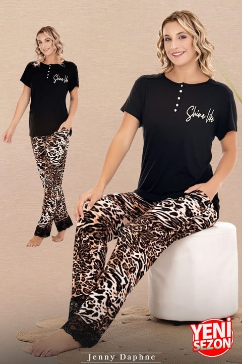 Düğmeli Leopar Desenli Kısa Kollu Pijama Takımı Lady 12598