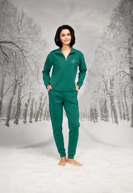 Pamuklu ve Polyester Yakası Fermuarlı Kadın T-shirt Pantolon Takım Doreanse 26K4103 - Yeşil