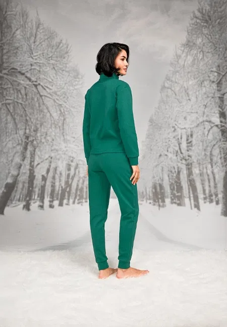 Pamuklu ve Polyester Yakası Fermuarlı Kadın T-shirt Pantolon Takım Doreanse 26K4103 - Yeşil