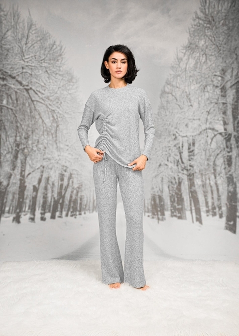 Pamuklu Yandan Büzgülü T-Shirt İspanyol Paça Pantolon Takım Doreanse 4098 - Gri