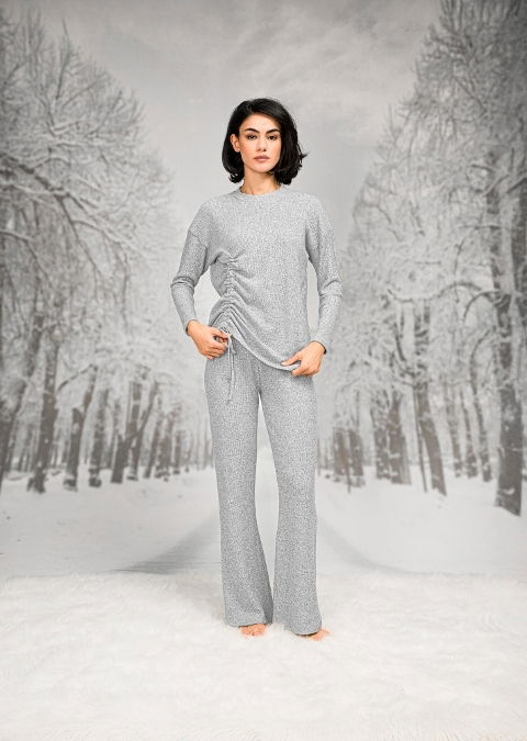 Pamuklu Yandan Büzgülü T-Shirt İspanyol Paça Pantolon Takım Doreanse 4098