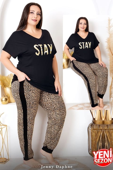 Leopar Desenli Kısa Kollu Büyük Beden Pijama Takımı Lady 10987 - Siyah