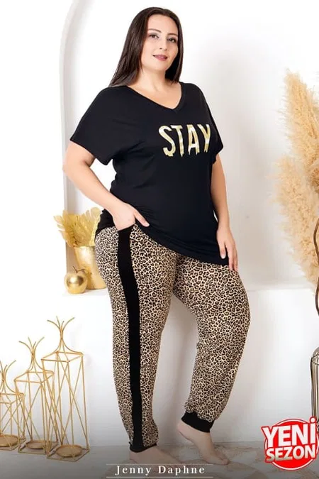 Leopar Desenli Kısa Kollu Büyük Beden Pijama Takımı Lady 10987 - Siyah