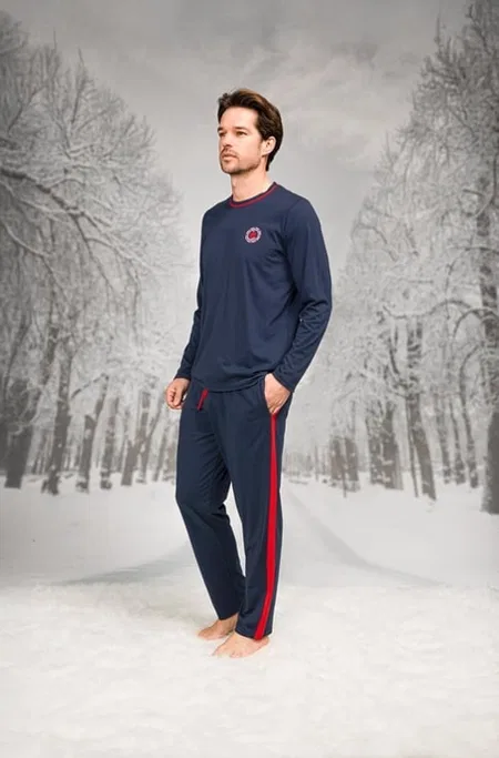 Yanları Şeritli Yuvarlak Yaka Cepli Erkek Pijama Takımı Doreanse 26K4608 - Lacivert