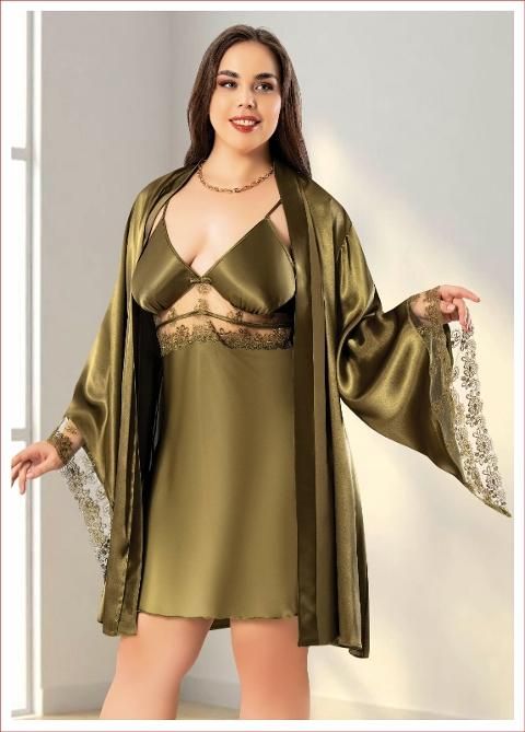 Dantelli Büyük Beden Saten Gecelik Sabahlık Takımı Miss Laris 6011 - Yeşil