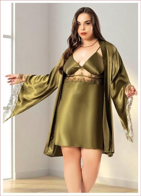 Dantelli Büyük Beden Saten Gecelik Sabahlık Takımı Miss Laris 6011 - Yeşil