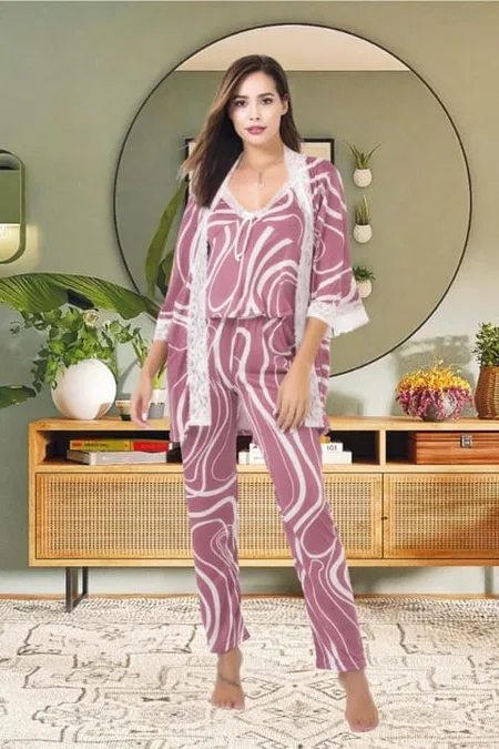 Yarım Kollu Desenli Pijama Sabahlık Takımı Altın İzabel 5003 - Lila