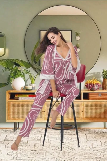 Yarım Kollu Desenli Pijama Sabahlık Takımı Altın İzabel 5003 - Lila