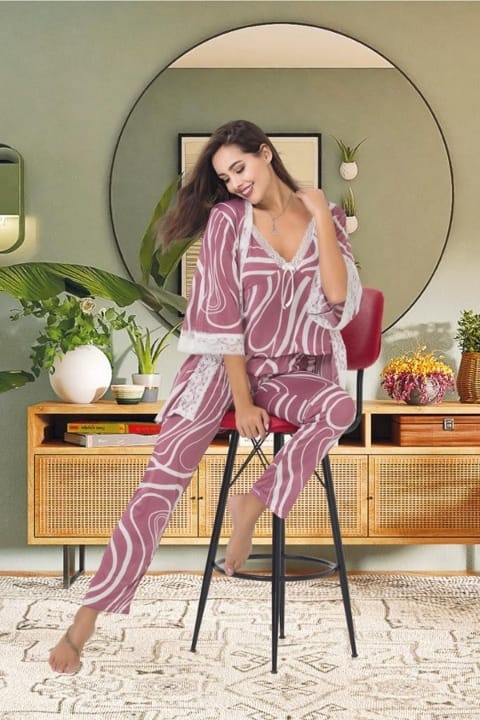 Yarım Kollu Desenli Pijama Sabahlık Takımı Altın İzabel 5003 - Lila