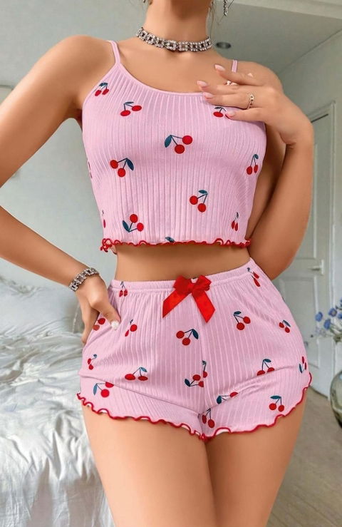 Kiraz Desenli Pamuklu Şortlu Pijama Takımı Ruselin 5044