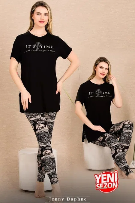 Kısa Kollu Somon Taytlı Pijama Takımı Lady 12485 - Siyah