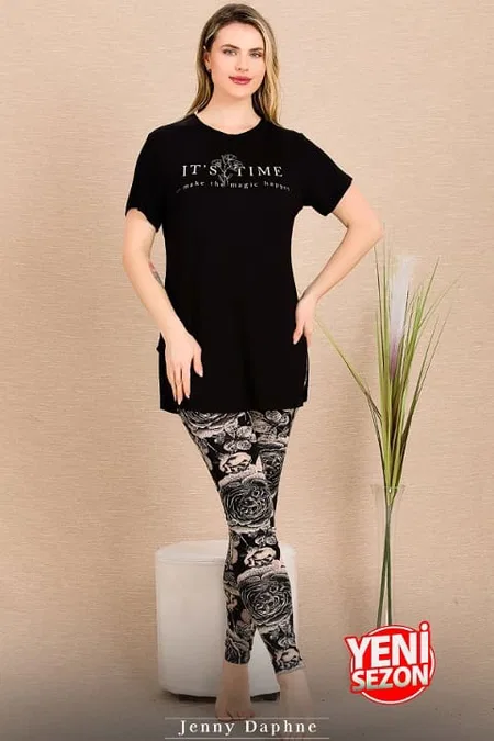 Kısa Kollu Somon Taytlı Pijama Takımı Lady 12485 - Siyah