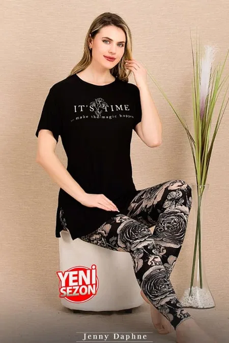 Kısa Kollu Somon Taytlı Pijama Takımı Lady 12485 - Siyah