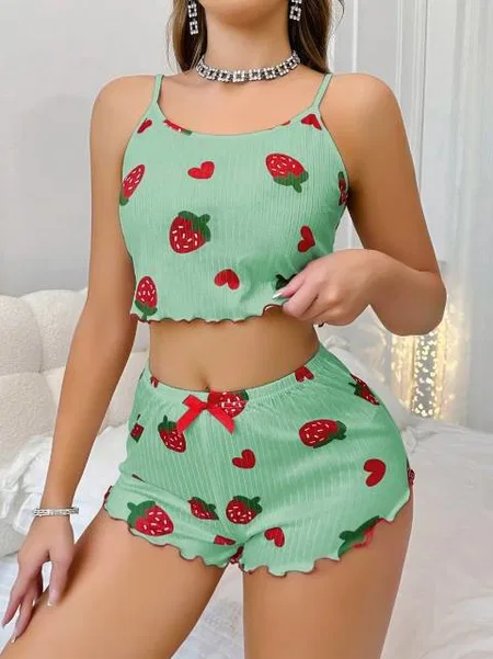 Pamuklu Yeşil Çilek Desenli Pijama Şort Takım Lily Bianca 13102 - Yeşil