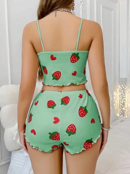 Pamuklu Yeşil Çilek Desenli Pijama Şort Takım Lily Bianca 13102 - Yeşil