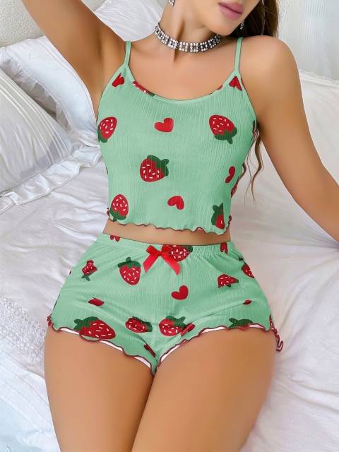 Pamuklu Yeşil Çilek Desenli Pijama Şort Takım Lily Bianca 13102 - Yeşil