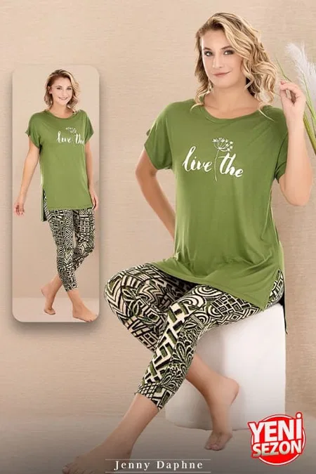 Desenli Rahat Kesim Viskon Kapri Pijama Takımı Lady 12075 - Yeşil