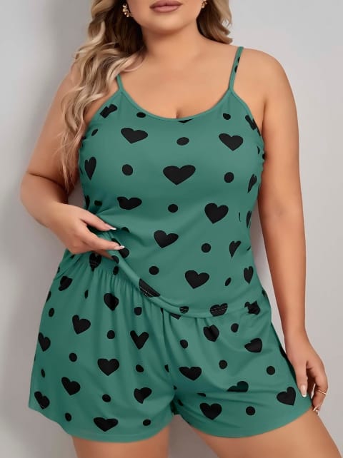 Yeşil Kalpli Askılı Büyük Beden Şort Pijama Takım Kadın Pijama Takımı Lily Bianca 13071 - Yeşil