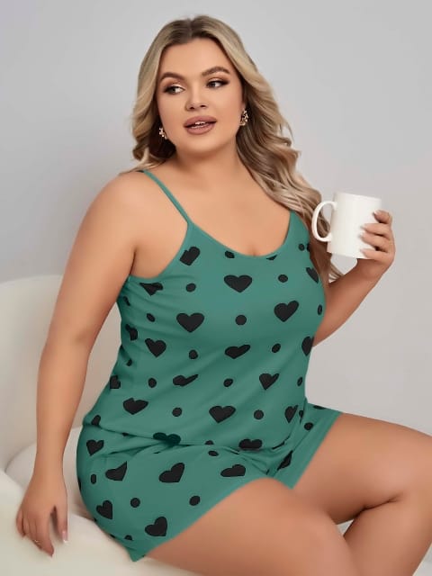 Yeşil Kalpli Askılı Büyük Beden Şort Pijama Takım Kadın Pijama Takımı Lily Bianca 13071 - Yeşil
