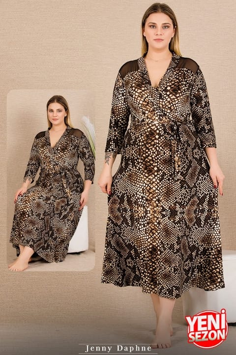 Yılan Desenli Tül Uzun Kollu Elbise Somon Lady 7286