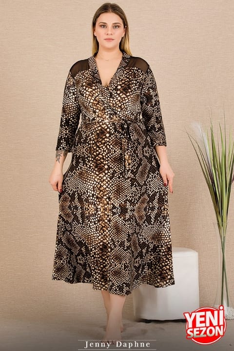 Lady Yılan Desenli Tül Uzun Kollu Elbise Somon Lady 7286 - Görsel 2