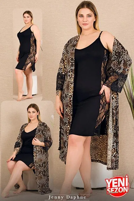 Yılan Desenli Dantelli Büyük Beden Sabahlık Gecelik Takımı Lady 19236