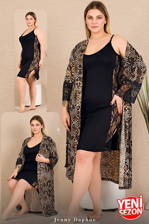 Yılan Desenli Dantelli Büyük Beden Sabahlık Gecelik Takımı Lady 19236 - Siyah