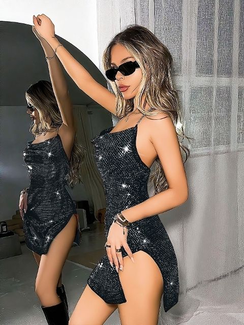 Yırtmaçlı Boyundan Bağlamalı Parlak Gece Elbisesi Somon Pink Night 1167