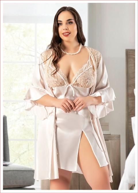 Saten Yırtmaçlı Büyük Beden Dantelli Gecelik Sabahlık Takımı Miss Laris 6004 - Ekru