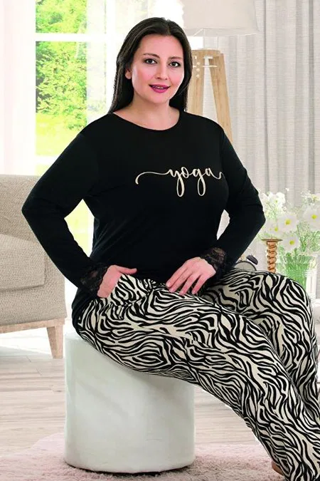Zebra Desenli Uzun Kollu Büyük Beden Kadın Pijama Takımı Lady 11370 - 2