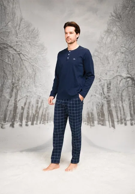 Desenli Pamuklu Uzun Kollu Erkek Pijama Takım Doreanse 26K4603 - Lacivert