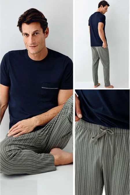 Yuvarlak Yaka Kısa Kollu Çizgili Cepli Erkek Pijama Takımı Arnetta 3011-X - Yeşil
