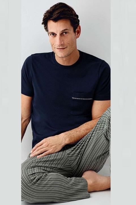 Yuvarlak Yaka Kısa Kollu Çizgili Cepli Erkek Pijama Takımı Arnetta 3011-X - 2
