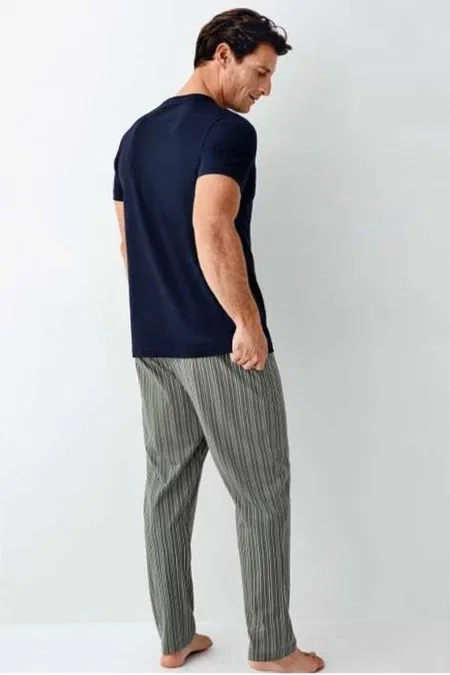 Yuvarlak Yaka Kısa Kollu Çizgili Cepli Erkek Pijama Takımı Arnetta 3011-X - Yeşil