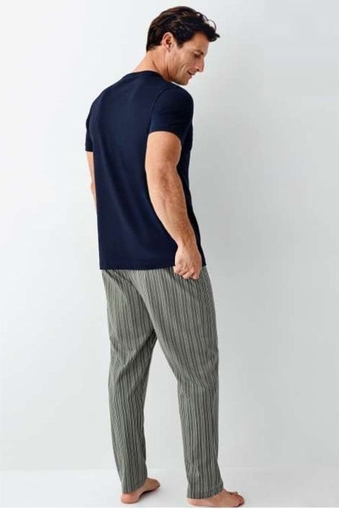 Yuvarlak Yaka Kısa Kollu Çizgili Cepli Erkek Pijama Takımı Arnetta 3011-X - Yeşil