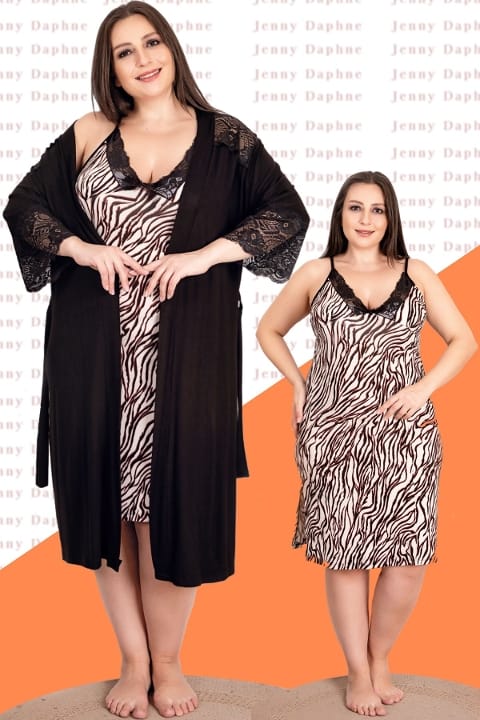 Zebra Desenli Lüks Gecelik Sabahlık Takımı Lady 19221 - Siyah