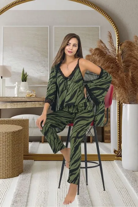 Zebra Desen Yeşil Pijama Sabahlık Takım İzabel 5011 - Yeşil
