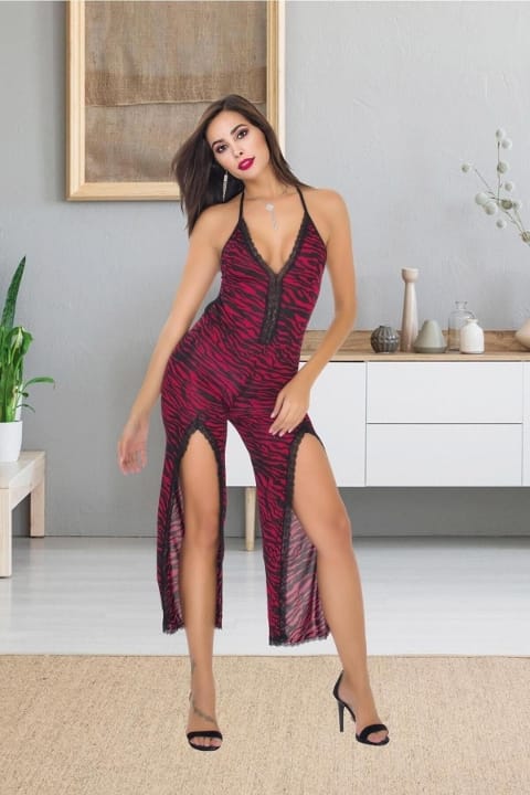 Zebra Desen Yırtmaçlı Fantazi Tulum Gecelik İzabel 504 - Siyah