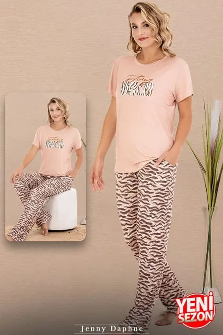 Zebra Desenli Kısa Kollu Pijama Takımı Lady 12595 - Pudra