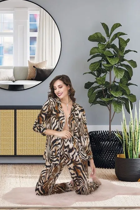Zebra Desenli Uzun Kollu Pijama Takımı İzabel 4002 - Kahverengi