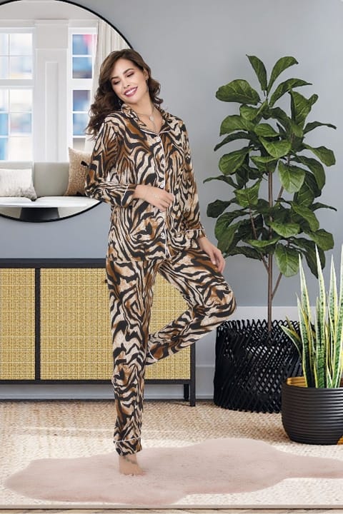 Zebra Desenli Uzun Kollu Pijama Takımı İzabel 4002 - Kahverengi