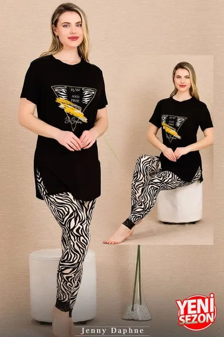 Zebra Desenli Kısa Kollu Pijama Takımı Lady 12484 - Siyah