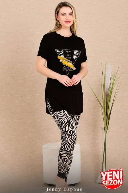Zebra Desenli Kısa Kollu Pijama Takımı Lady 12484 - Siyah