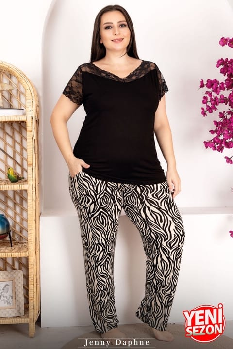 Zebra Desenli Büyük Beden Pijama Takımı Lady 10949 - Siyah