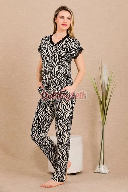 Zebra Desenli Pamuk Viskon Kısa Kol Pijama Takımı Lady 12497 - Siyah