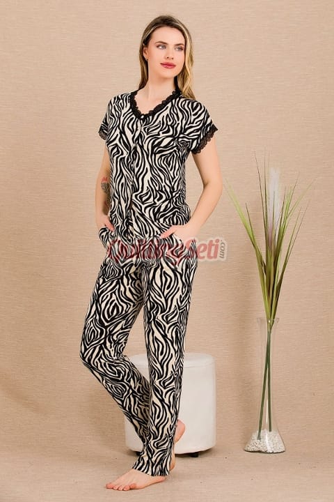 Lady Zebra Desenli Pamuk Viskon Kısa Kol Pijama Takımı Lady 12497
